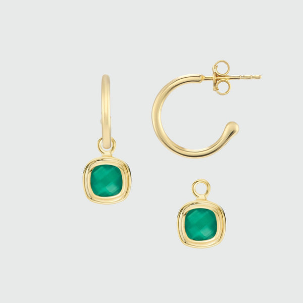 California Cushion Green Onyx & Gold Interchangeable Hoop Earrings