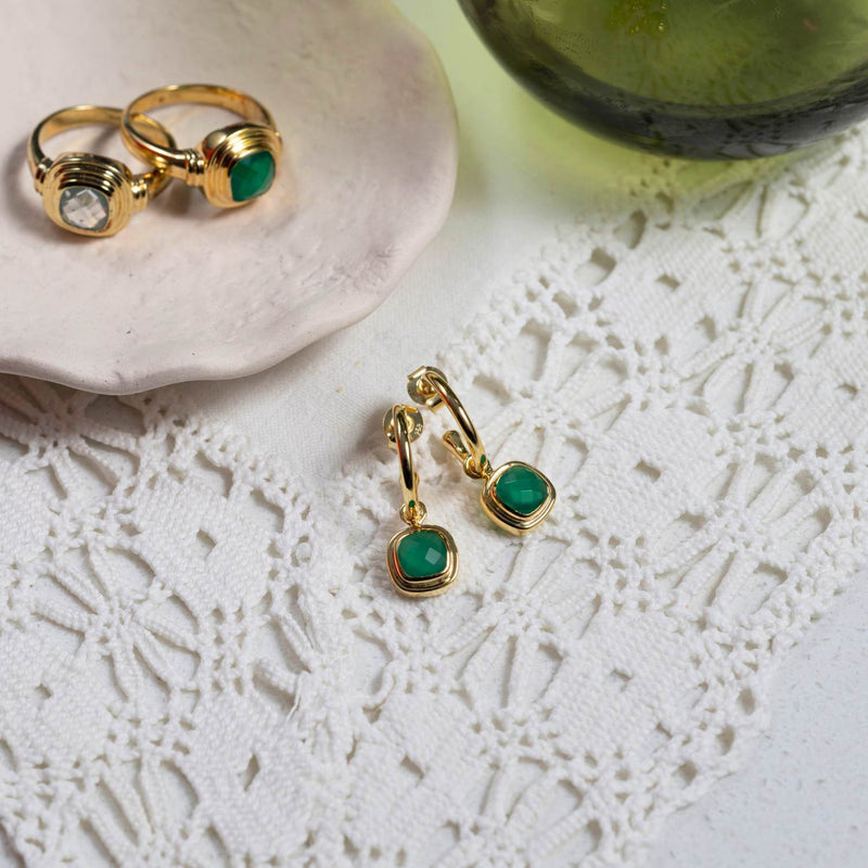 Earrings - California Cushion Green Onyx & Gold Interchangeable Hoop Earrings