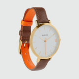 Montmartre Yellow Gold Watch with Chestnut Brown & Orange Leather Strap-Auree Jewellery