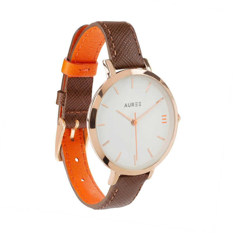 Montmartre Chestnut & Orange Leather Watch Strap with Rose Gold Buckle-Auree Jewellery