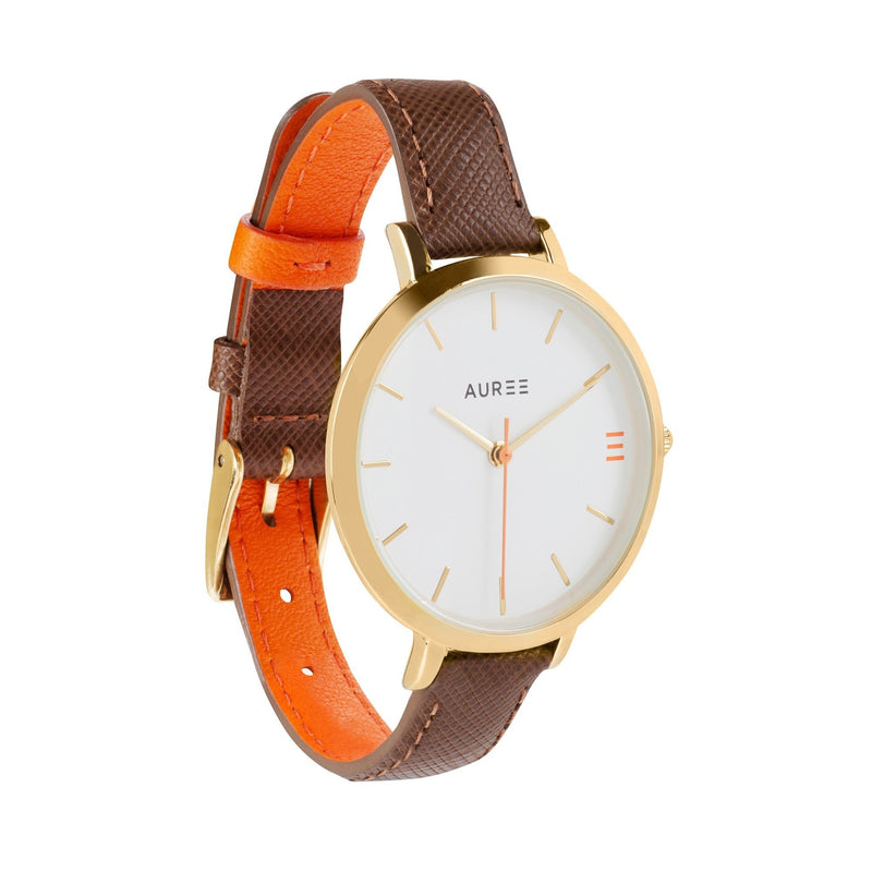 Montmartre Chestnut & Orange Leather Watch Strap with Yellow Gold Buckle-Auree Jewellery