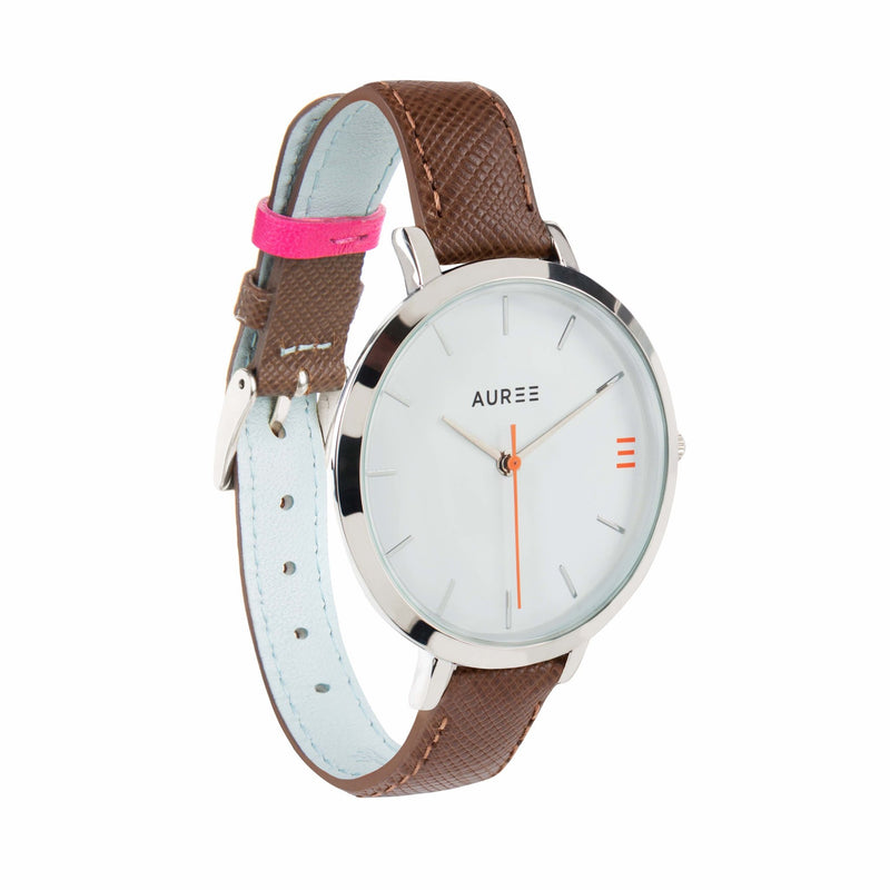 Montmartre Chestnut & Powder Blue Leather Watch Strap with Silver Buckle-Auree Jewellery