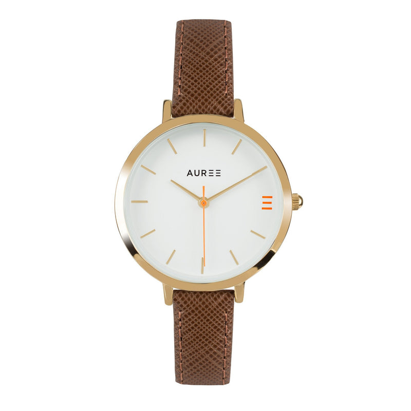 Montmartre Yellow Gold Watch with Chestnut Brown & Orange Leather Strap-Auree Jewellery